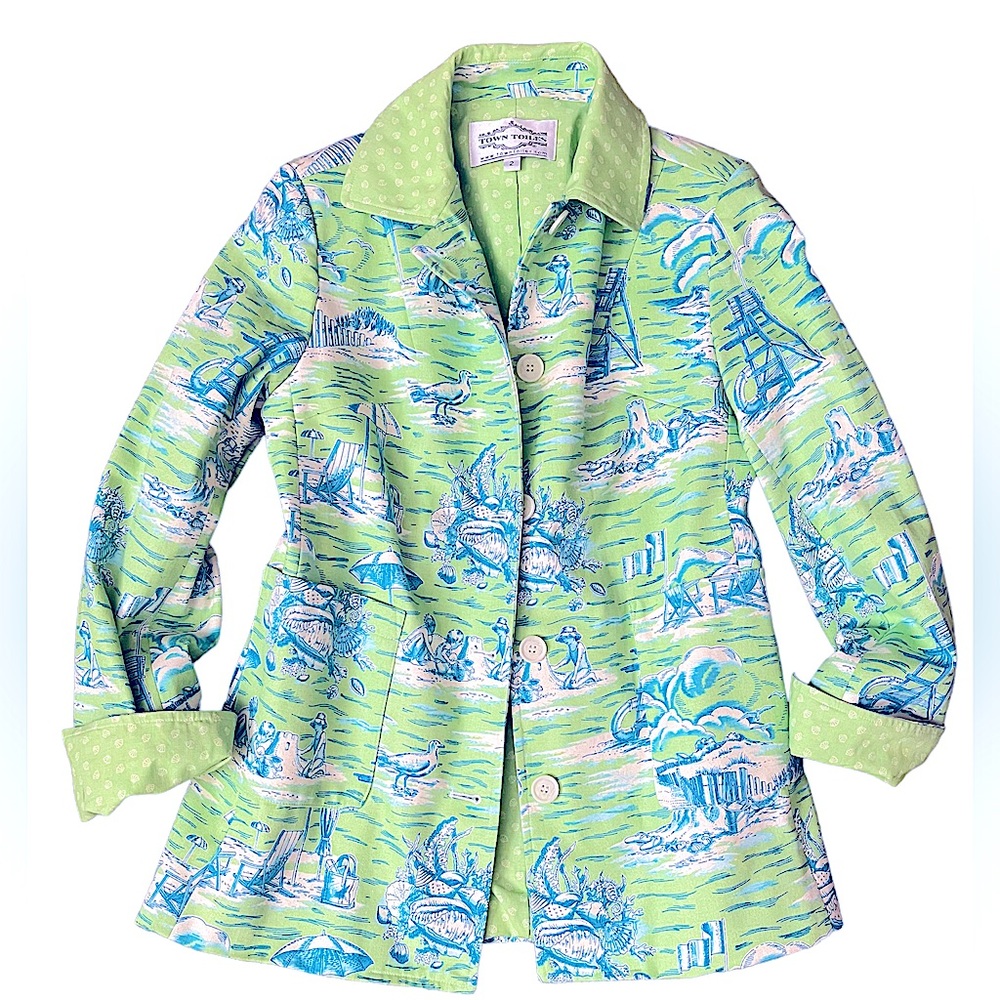 TOWN AND TOILES COLLECTION JACKET BLAZER BLUE GREEN PREPPY SIZE 2 OVERSIZED